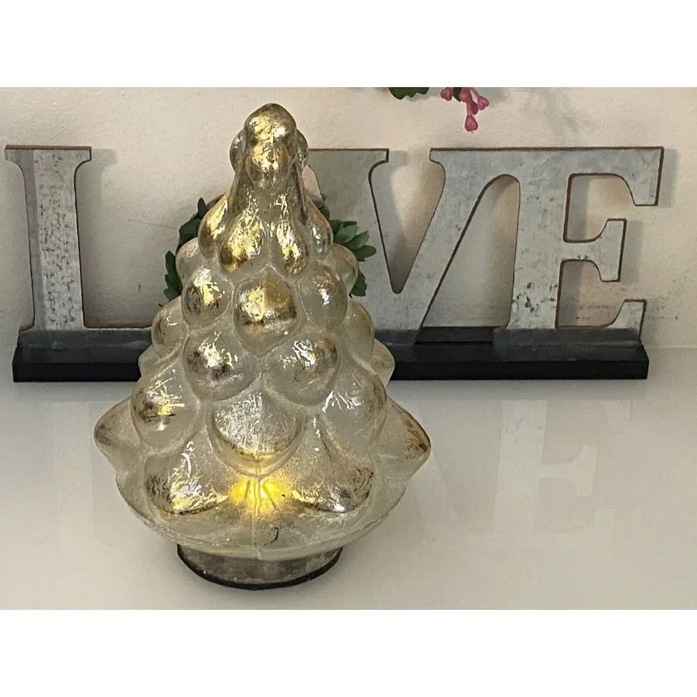 Pottery Barn‎ Vintage Lighted Mercury Glass Christmas Tree Gold Silver 7